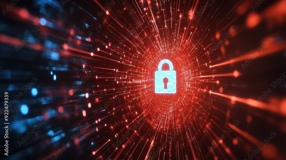 Fototapete digital cybersecurity concept with a glowing red padlock symbol amidst a network, representing data 