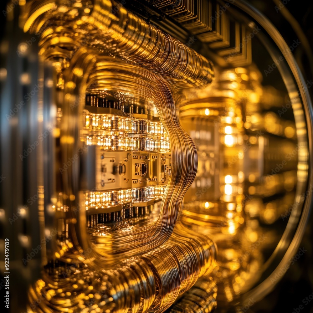 Aufkleber Close-up view of a complex and intricate golden circuit board, showcasing advanced technological components and design.