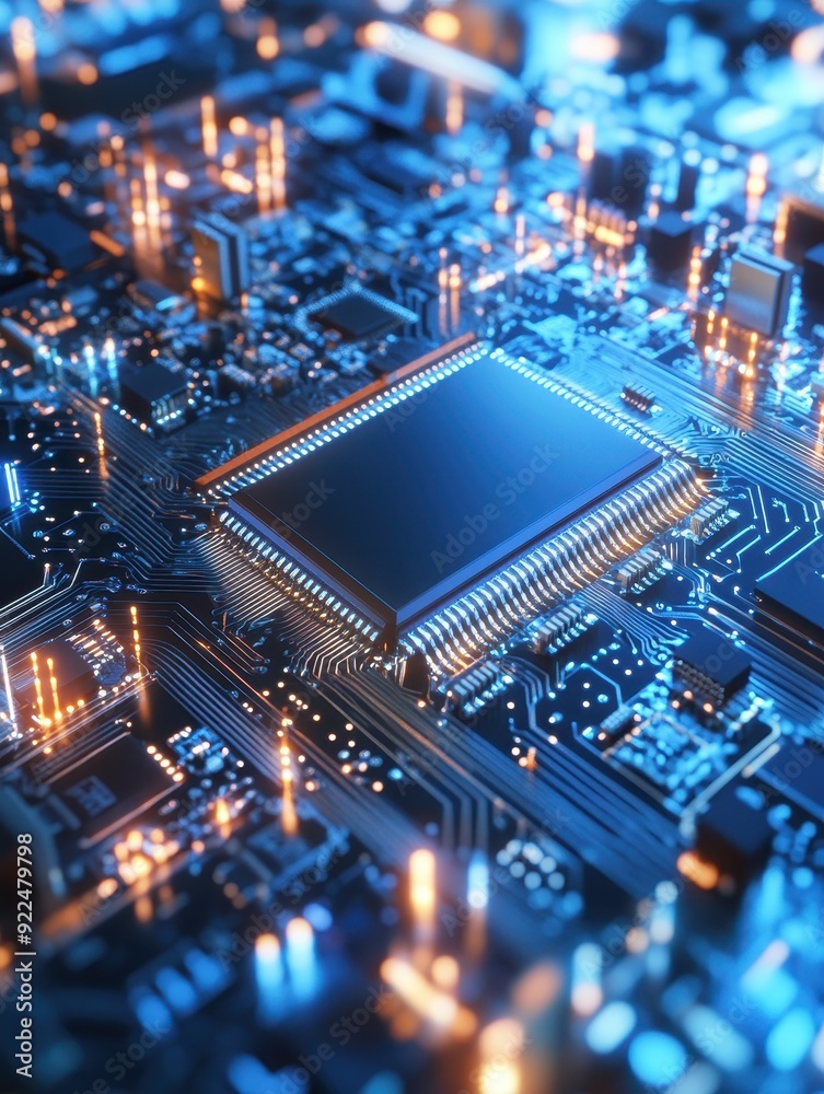 Fototapete close-up view of a computer motherboard with a central processing unit (cpu) and bright led lights h