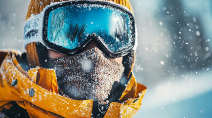 A person wearing a yellow jacket and goggles is standing in the snow