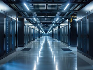 Obraz premium Clean energypowered data center, symbolizing green tech infrastructure.,