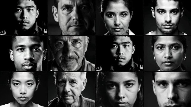 Black and White Portrait Collage Composition of Diverse Individuals People from Various Backgrounds Jobs - monochrome, faces, expression, ethnicity, culture, diversity
