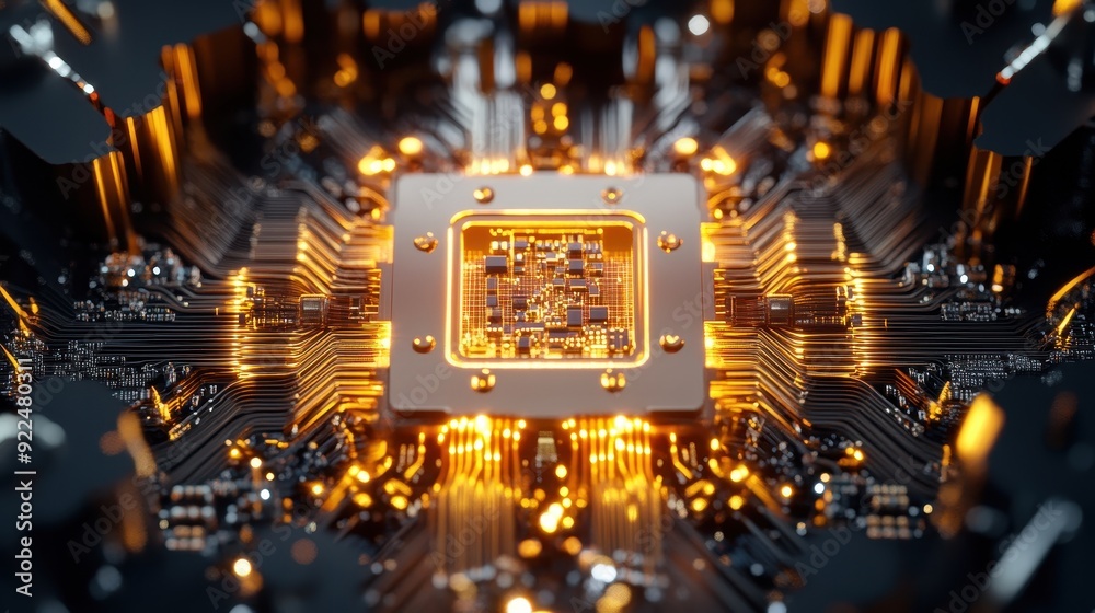 Leinwandbilder close-up of a glowing microchip on a motherboard, showcasing intricate circuits and components in a 