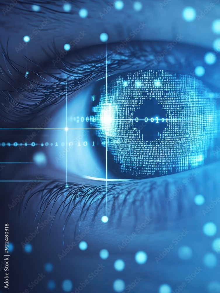 Poster Close-up of a human eye with digital overlay showing high-tech data and information, representing technology, security, and innovation.