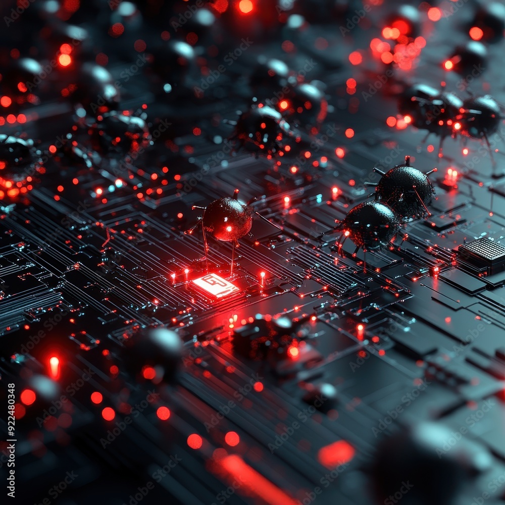 Leinwandbilder Close-up of a futuristic circuit board with glowing red lights and high-tech components, representing advanced technology and innovation.