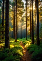Fototapeta premium breathtaking pine forest bathed sunlight patterns creating stunning natural landscape, trees, nature, illumination, outdoor, scenery, green, growth