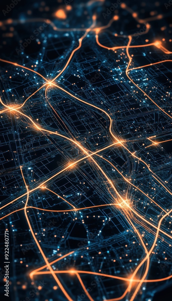 Aufkleber Aerial view of a futuristic city night lights with illuminated pathways and a network of glowing lines creating an abstract cityscape.