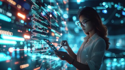 Naklejka premium Woman using a tablet to write code