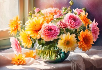 vibrant watercolor blooms textured paper canvas showcasing bright colors natural beauty lush floral arrangement, flowers, colorful, nature, artwork, painting