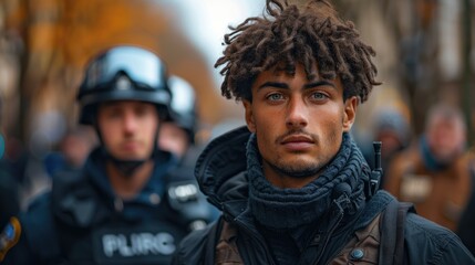 Fototapeta premium A police officer with tactical gear stands focused and determined in a crowded urban environment, reflecting his readiness and commitment to urban safety and protection.