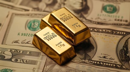 Gold bars placed on banknotes background image .