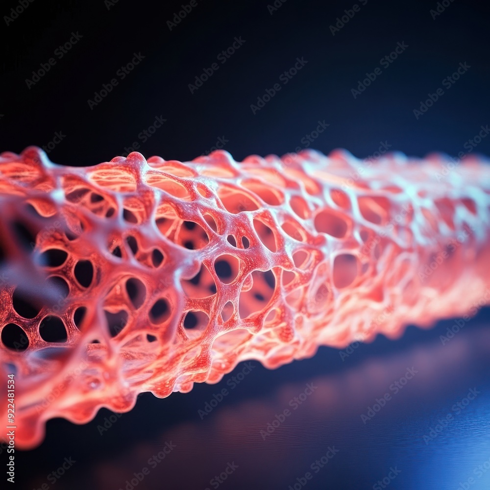Poster Abstract close-up of a 3D-printed object with intricate mesh design, glowing with vibrant red and blue lights against a dark background.