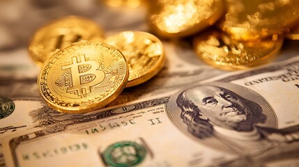 photo of bitcoins , gold and dollar are on a table, aerial view