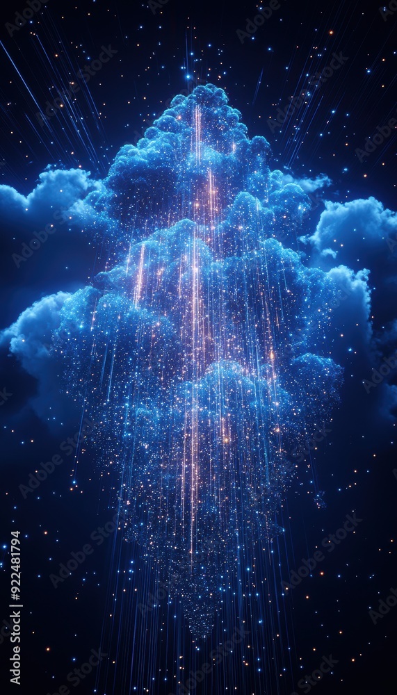Poster a stunning visualization of digital data streams flowing from a cloud, illuminated in blue against a