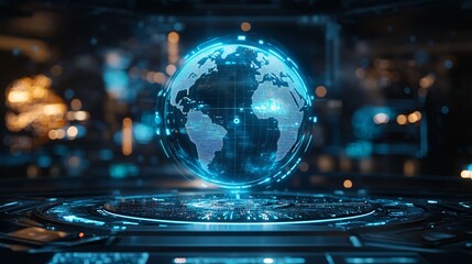 A digital globe illuminated with blue neon lights, showcasing detailed world data in a high-tech, futuristic environment.