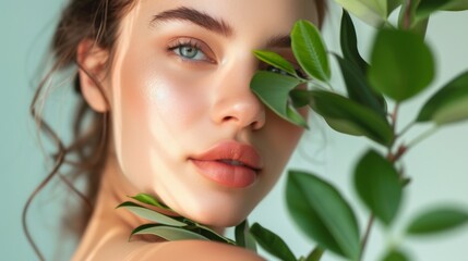 Naklejka premium Woman holding green leaves near her face in a studio