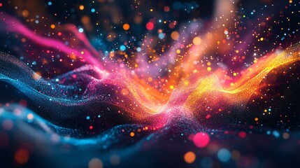 Obraz premium Vivid abstract depiction of colorful waves intertwined with sparkling particles, creating a dynamic and vibrant digital landscape filled with energy and motion.
