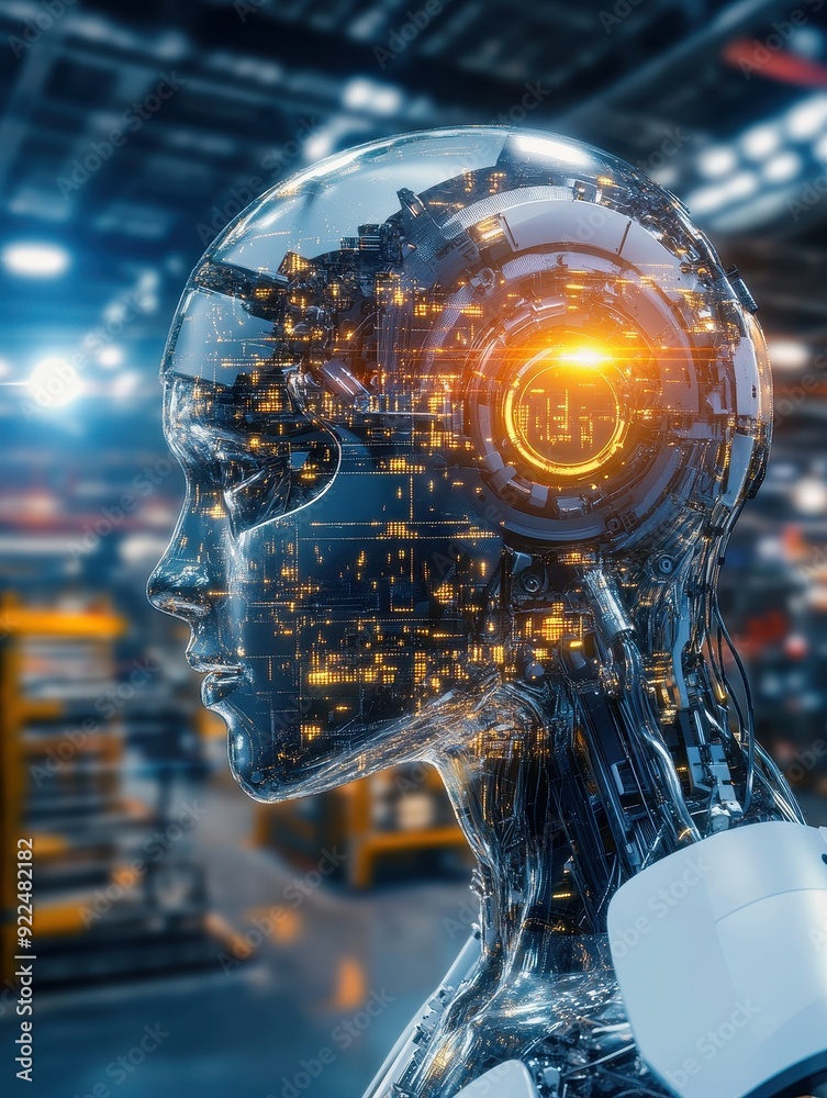 Leinwandbilder A futuristic humanoid robot with illuminated circuitry in a high-tech environment, showcasing advanced technology and artificial intelligence.
