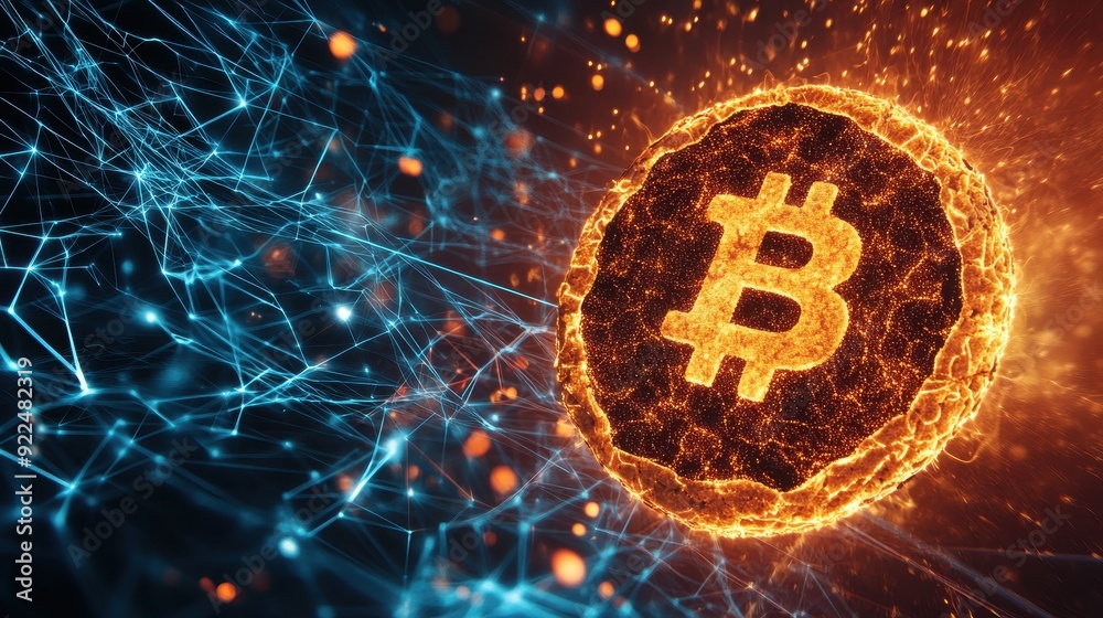 Aufkleber A digitally ed image of a Bitcoin surrounded by a fiery aura against a blue, interconnected network background representing blockchain technology.
