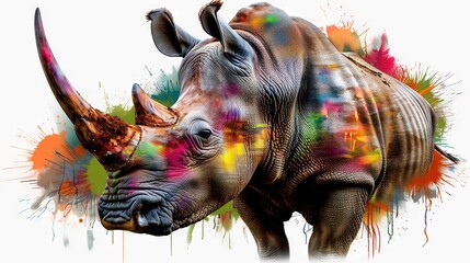   A vibrantly-colored rhino with splattered paint on its face and an imposing horn
