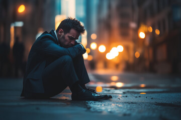 Broken heart man on the street, Portrait unemployed man sit on the road