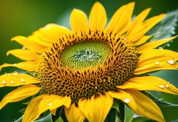 Obraz premium close vibrant sunflower dew drops highlighting petals seeds morning light, yellow, green, texture, bloom, garden, sunlight, beauty, macro, field, summer