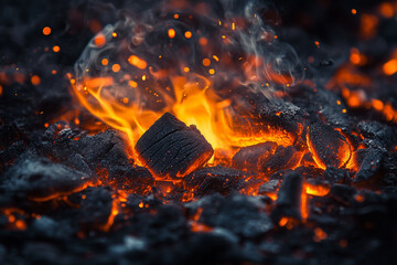 Close up shot burning charcoal in fireplace , Campfire with burn out coal.