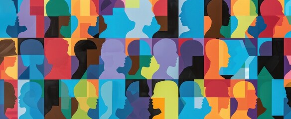 A pattern of colorful squares, each depicting the head and shoulders of different people in bold geometric shapes Generative AI