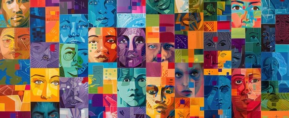 A vibrant, colorful pattern of squares and shapes in various shades of blue, green, red, purple, and yellow, orange depicting faces from all around the world Generative AI