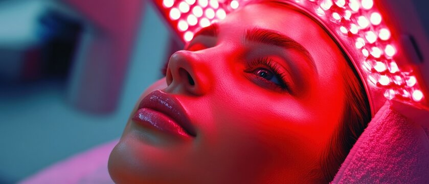 female patient undergoes red LED light or RLT therapy for skin rejuvenation at modern innovation aesthetic clinic. Woman client having non-invasive type of phototherapy. Beauty concept