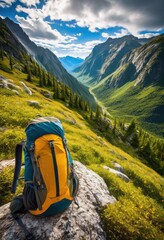 custom travel gear arrangement showcased breathtaking natural scenery clear blue skies, adventure, activities, air, backpack, beauty, camping, captivating