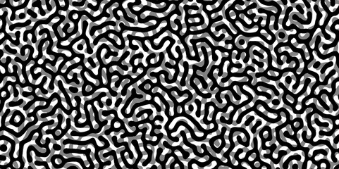 Abstract Turing organic wallpaper with background. Turing reaction diffusion monochrome seamless pattern with chaotic motion. Natural seamless line pattern. Linear design with biological shapes.