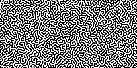 Abstract Turing organic wallpaper with background. Turing reaction diffusion monochrome seamless pattern with chaotic motion. Natural seamless line pattern. Linear design with biological shapes.