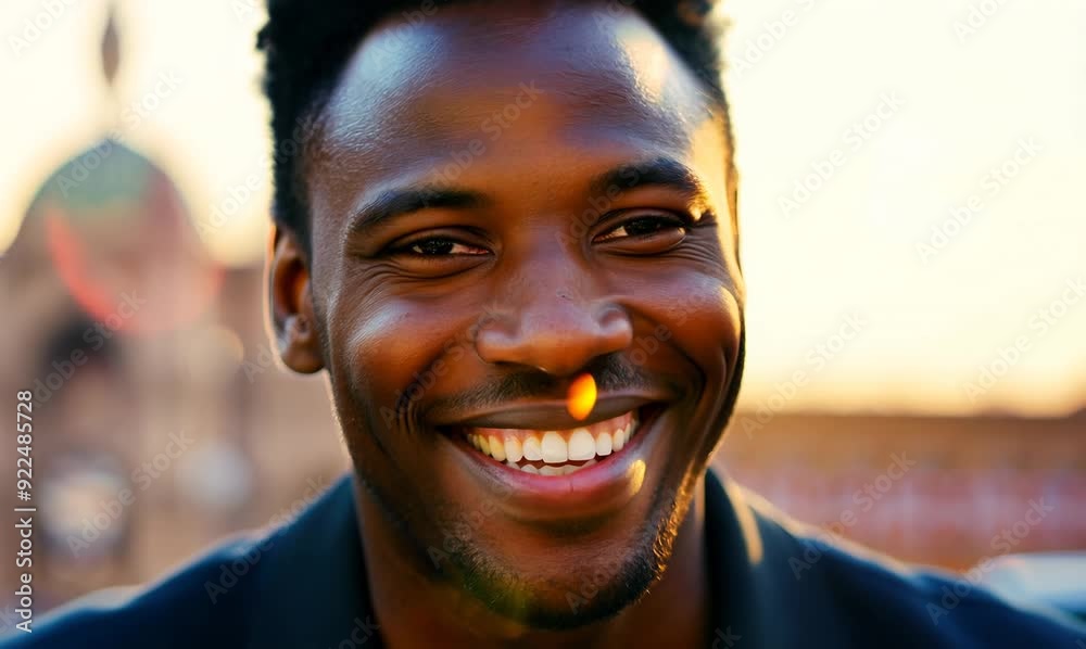 Poster Congolese Man Smiling While Using Phone in Barcelona