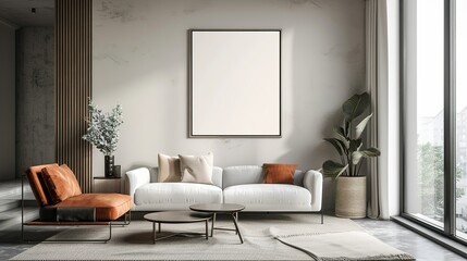 Modern Living Room with White Sofa, Blank Canvas, and Large Window
