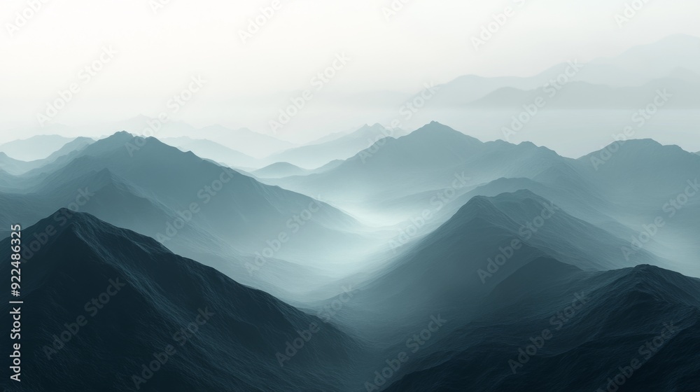 Poster A misty mountain range with layers of ridges fading into the distance, creating a sense of mystery and depth in the landscape.