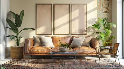 Modern Living Room with Leather Sofa, Plants, and Empty Picture Frames