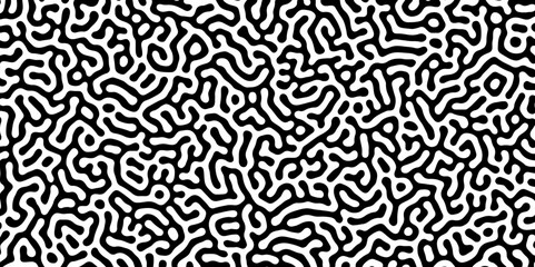 Abstract Turing organic wallpaper with background. Turing reaction diffusion monochrome seamless pattern with chaotic motion. Natural seamless line pattern. Linear design with biological shapes.
