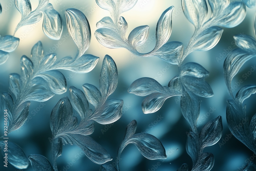 Poster frosted glass with elegant leaf patterns creating a textured design in soft blue light