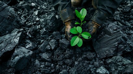 Fototapeta premium Green Sprout Emerging from Coal