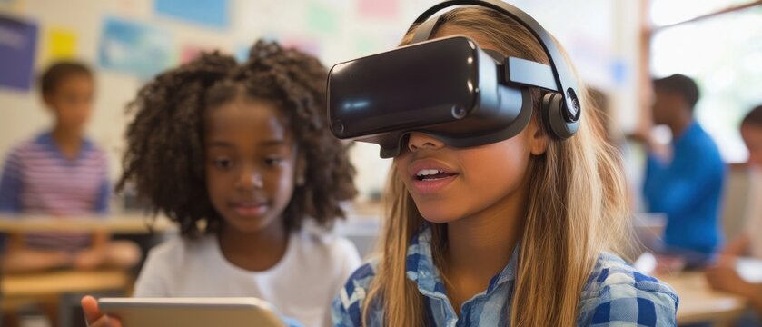 Female student wearing virtual reality glasses while teacher using tablet computer in classroom