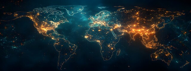 Obraz premium A digital map of the world with glowing connections between cities, representing global connectivity and data transfer across national borders