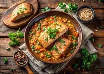Hearty, slow-cooked salmon and lentil stew served with a crusty loaf of artisanal bread and a side of fresh parsley on a rustic wooden table.