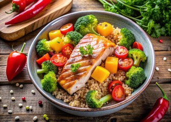 Freshly cooked quinoa surrounded by vibrant vegetables, including bell peppers and broccoli, and topped with a juicy piece of grilled salmon, perfectly garnished.