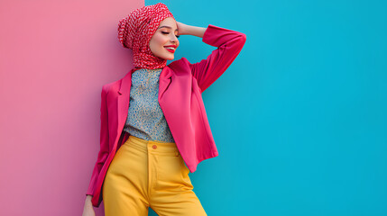 colorful and modern stylish fashion shoot of a muslim hijab woman in a dynamic