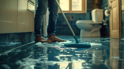 Fototapeta premium man mopping the floor in his bathroom