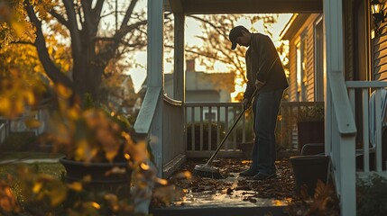 man sweeping the porch, clearing away leaves and debris
