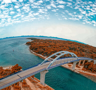 Zdrelac Bridge panoramic aerial view in Ugljan Island, Croatia