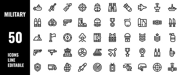 50 Military Icons Set Line Editable Vector Illustration