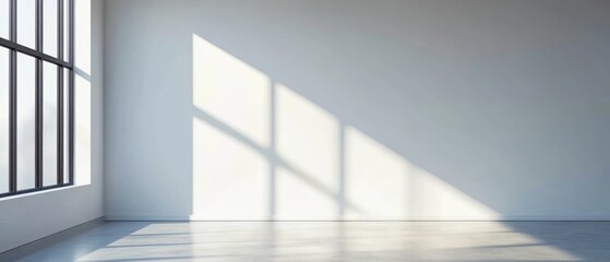 Obraz premium Sunlight Streaming Through a Window onto a White Wall and Concrete Floor